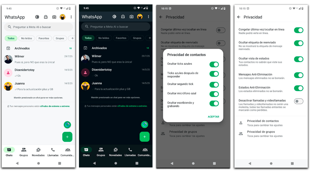 a continuación puedes ver la apariencia que tiene WhatsApp Plus, su apariencia no es muy diferente a la versión normal, pero incluye funciones extras y mas avanzadas.