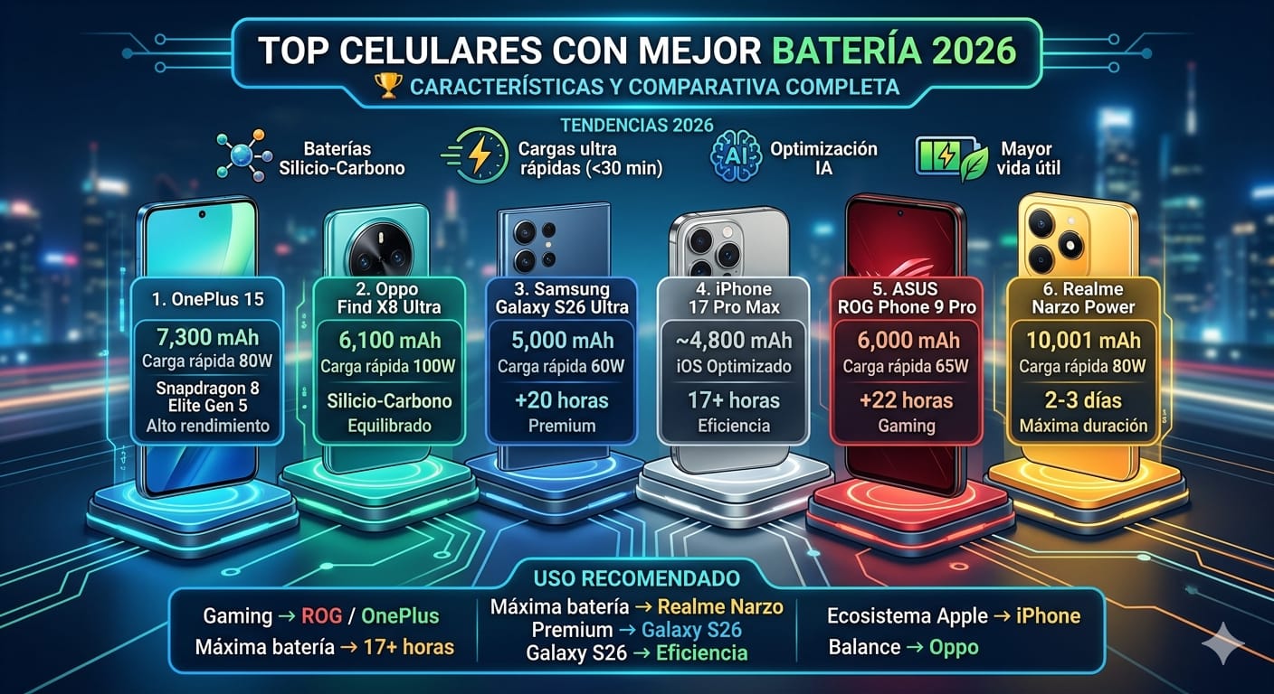 📱 Top celulares con mejor batería 2026: características, precio, lanzamiento y análisis completo